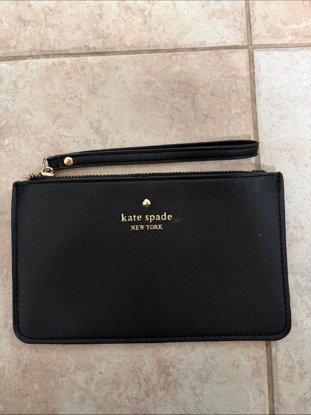 kate spade black leather wristlet clutch with gold logo